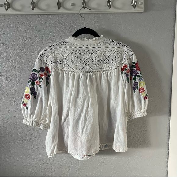 Sundance Floral Embroidered Lace Detail White Linen Blouse - Picture 7 of 7